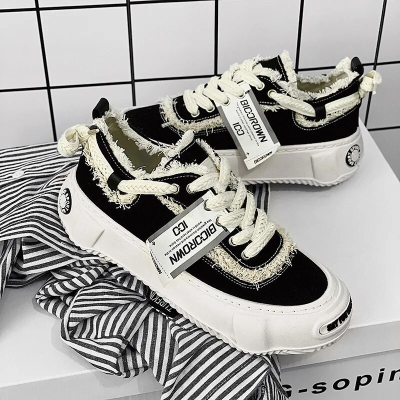 Pantofi sport de pânză pentru bărbați cu platformă în stil Hong Kong, alb, designer de modă, pantofi pentru cerșetori, ocazional, confortabil