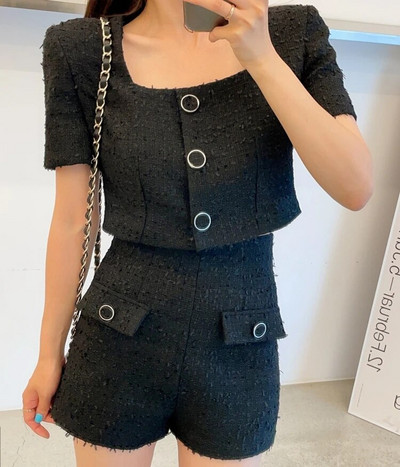Costum cu temperament coreean de vară pentru femei, cu guler pătrat simplu, jachetă scurtă, cu talie înaltă, cu buzunar fals, pantaloni scurți casual Set două piese pentru femeie