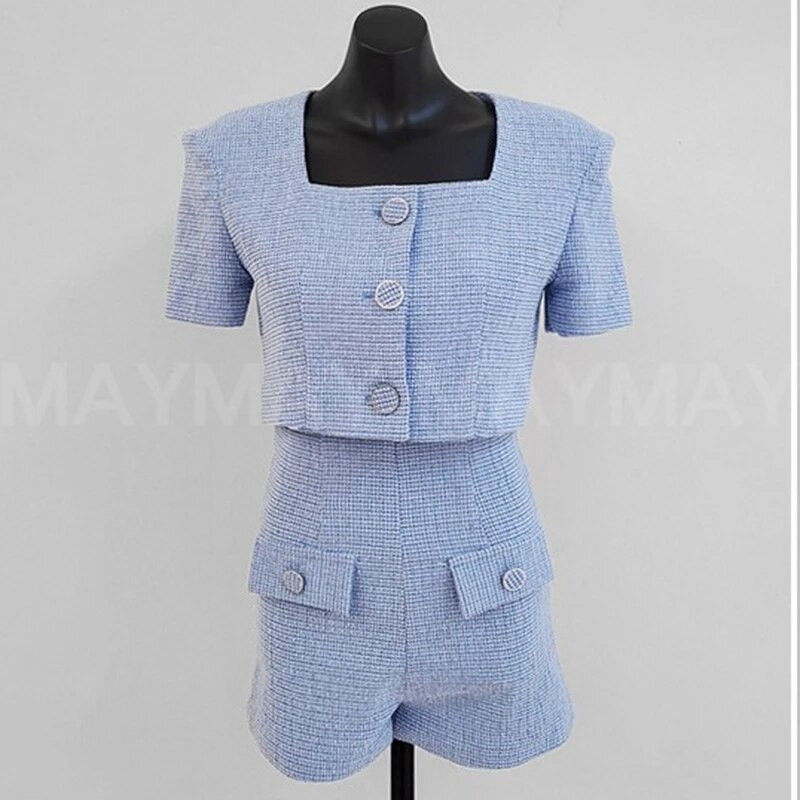 Costum cu temperament coreean de vară pentru femei, cu guler pătrat simplu, jachetă scurtă, cu talie înaltă, cu buzunar fals, pantaloni scurți casual Set două piese pentru femeie