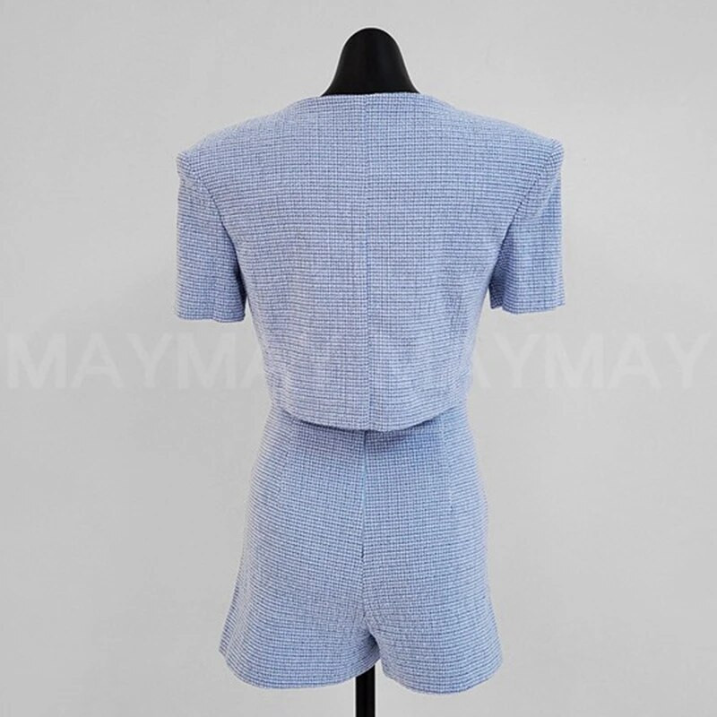 Costum cu temperament coreean de vară pentru femei, cu guler pătrat simplu, jachetă scurtă, cu talie înaltă, cu buzunar fals, pantaloni scurți casual Set două piese pentru femeie
