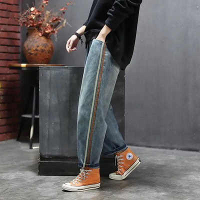 Noua sosire de primăvară pentru femei, cu talie elastică, blugi largi, casual, din denim, din bumbac, pantaloni harem, blugi vintage cu dungi laterale