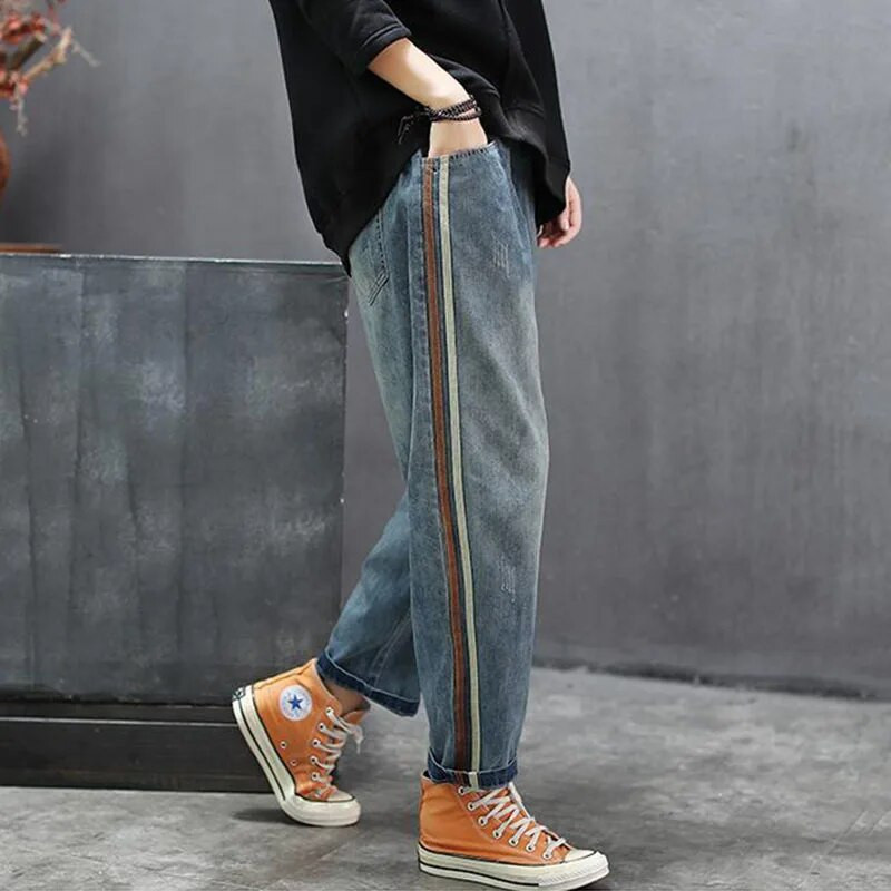 Noua sosire de primăvară pentru femei, cu talie elastică, blugi largi, casual, din denim, din bumbac, pantaloni harem, blugi vintage cu dungi laterale