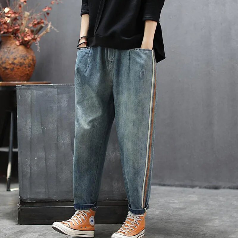Noua sosire de primăvară pentru femei, cu talie elastică, blugi largi, casual, din denim, din bumbac, pantaloni harem, blugi vintage cu dungi laterale