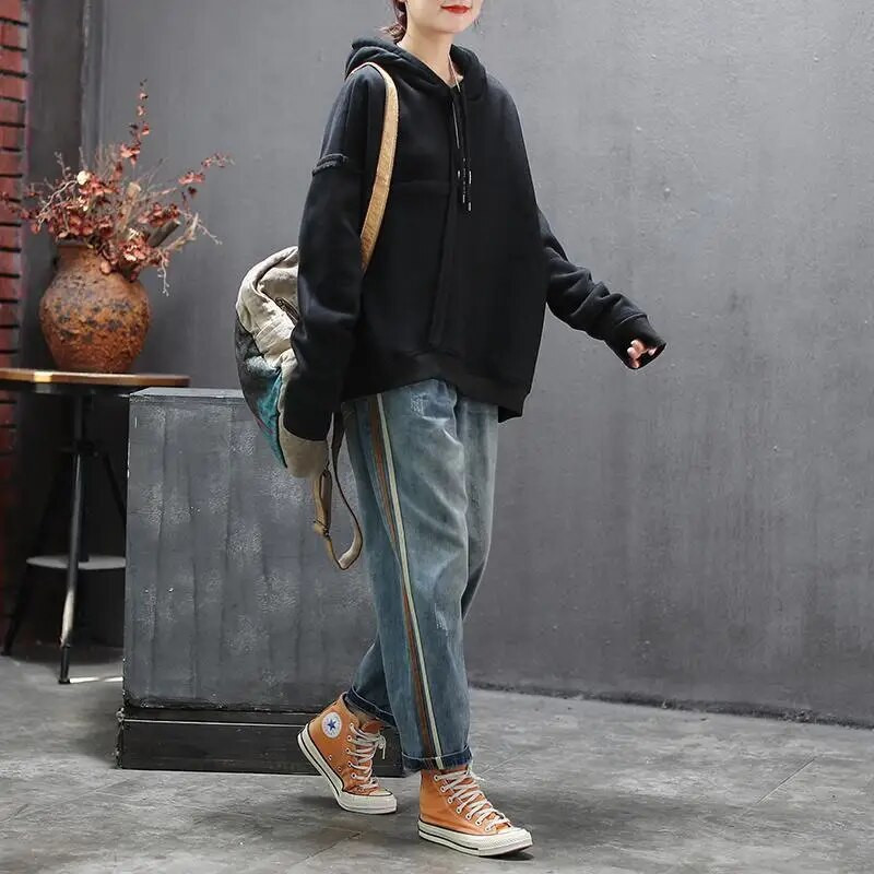 Noua sosire de primăvară pentru femei, cu talie elastică, blugi largi, casual, din denim, din bumbac, pantaloni harem, blugi vintage cu dungi laterale