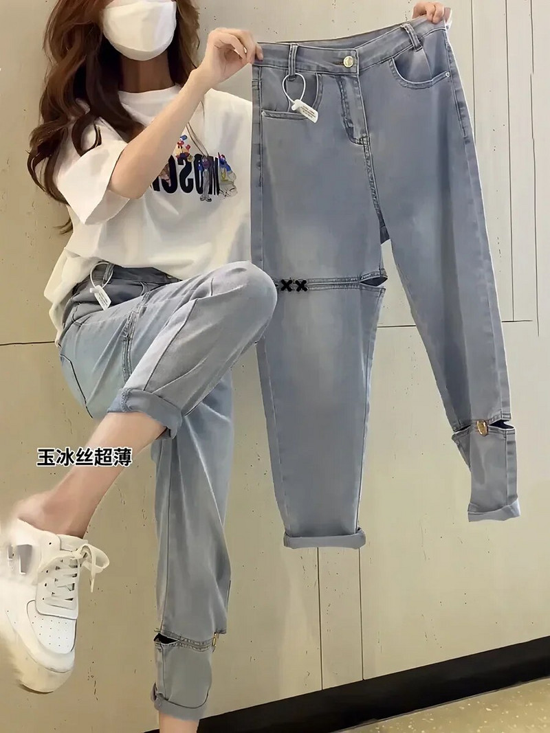 Y2k Hruškovitý tvar tela Mierne tučný nosiť veľkú veľkosť roztrhaných deväťbodových džínsov Detské nohavice Harlan Daddy s vysokým pásom, letné tenké štýly
