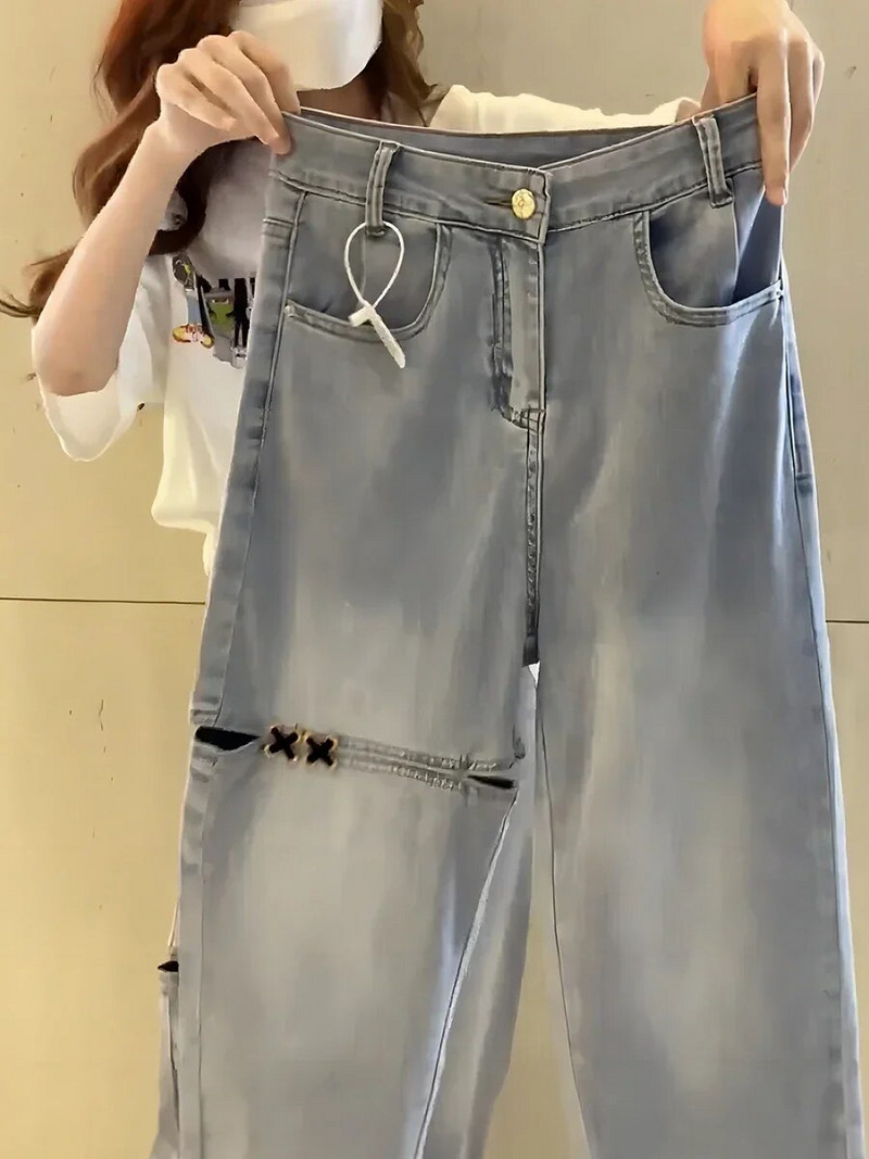 Y2k Hruškovitý tvar tela Mierne tučný nosiť veľkú veľkosť roztrhaných deväťbodových džínsov Detské nohavice Harlan Daddy s vysokým pásom, letné tenké štýly