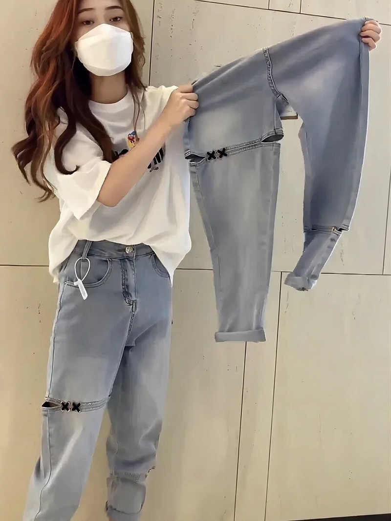 Y2k Hruškovitý tvar tela Mierne tučný nosiť veľkú veľkosť roztrhaných deväťbodových džínsov Detské nohavice Harlan Daddy s vysokým pásom, letné tenké štýly