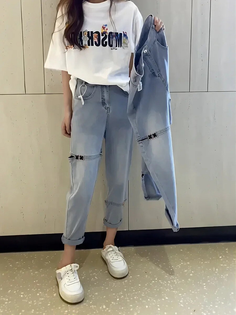 Y2k Hruškovitý tvar tela Mierne tučný nosiť veľkú veľkosť roztrhaných deväťbodových džínsov Detské nohavice Harlan Daddy s vysokým pásom, letné tenké štýly