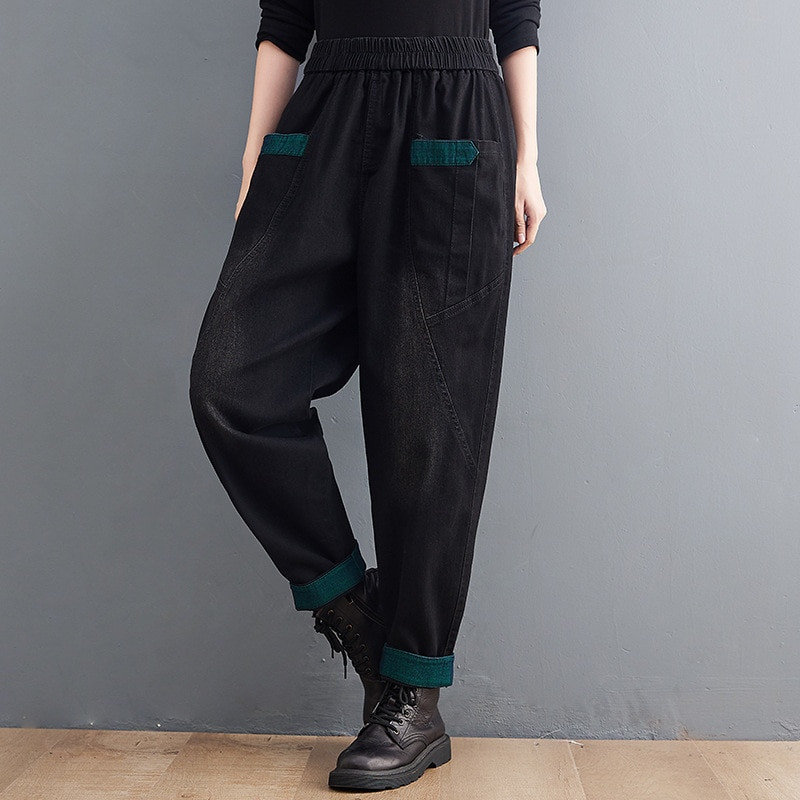 5530 Jarné nové dámske džínsové nohavice, jeseň/zima, vysoký pás, flísové teplé, voľné, ležérne, patchwork, univerzálne, pre mamičky, dámske háremové džínsy