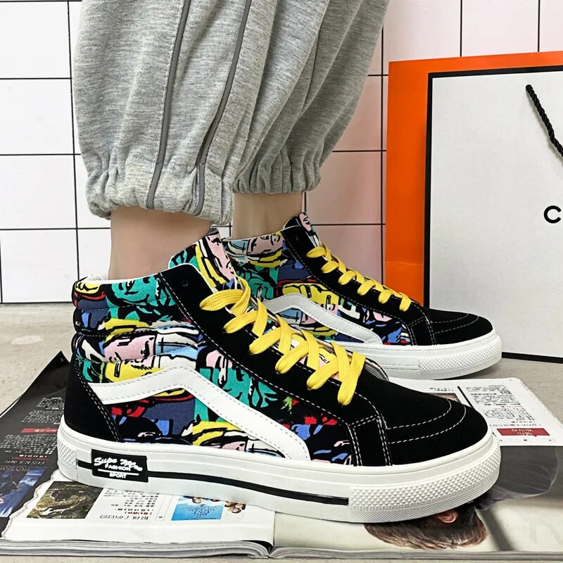 Módne graffiti potlačené pánske plátené topánky farebné dizajnérske plátené tenisky pánske vysoké ležérne topánky priedušné skateboardové topánky