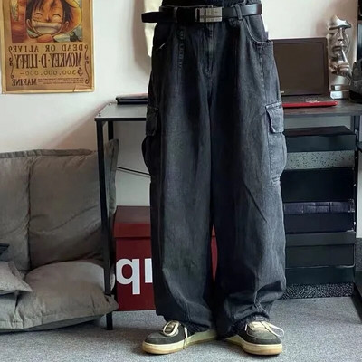 HOUZHOU Baggy Jeans Nohavice Pánske Džínsové Nohavice Čierne Široké Nohavice Pánske Rifle Nadmerné Cargo Kórejské Streetwear Hip Hop Harajuku