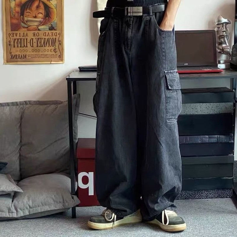HOUZHOU Baggy Jeans Nohavice Pánske Džínsové Nohavice Čierne Široké Nohavice Pánske Rifle Nadmerné Cargo Kórejské Streetwear Hip Hop Harajuku