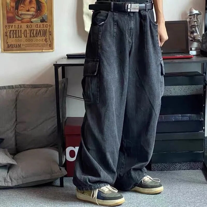 HOUZHOU Baggy Jeans Nohavice Pánske Džínsové Nohavice Čierne Široké Nohavice Pánske Rifle Nadmerné Cargo Kórejské Streetwear Hip Hop Harajuku