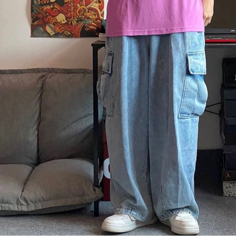 HOUZHOU Baggy Jeans Nohavice Pánske Džínsové Nohavice Čierne Široké Nohavice Pánske Rifle Nadmerné Cargo Kórejské Streetwear Hip Hop Harajuku