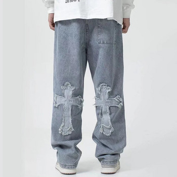 2023 Модни панталони Cross Denim Pants Streetwear Хип-хоп широки дънки с ниска талия за мъже Корейски Y2k Дамски карго панталони Пънк облекло