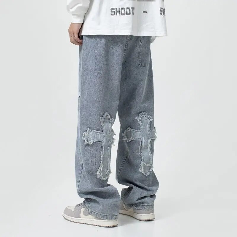 2023 Pantaloni de modă Pantaloni de blugi încrucișați Streetwear Hip Hop Blugi largi cu talie joasă pentru bărbați coreeani Y2k femei Pantaloni cargo Punk