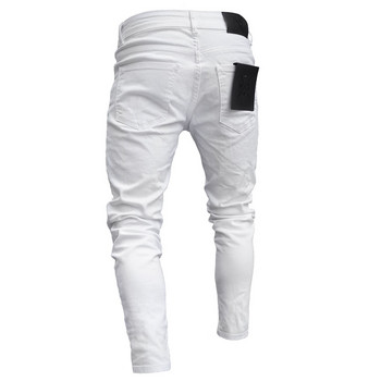Бели дънки с бродерия Мъжки памучни еластични скъсани тесни дънки Висококачествени хип-хоп черни дупки Slim Fit Oversize дънкови панталони