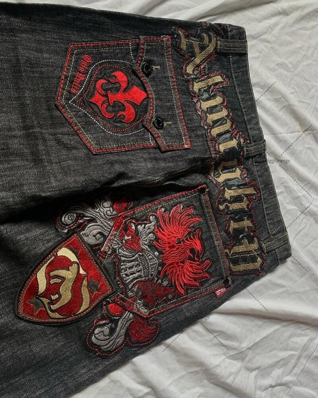 Pánske džínsy so širokými nohavicami, džínsy s monogramovou výšivkou a patchworkom od y2k, gotické, Harajuku