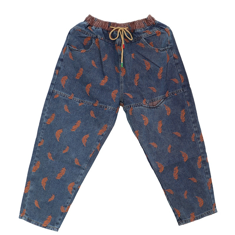 Ανοιξιάτικο γυναικείο τζιν τζιν Vintage μπάλωμα με κέντημα με φτερά Loose ψηλή ελαστική μέση all-match Casual παντελόνι μαμά χαρέμι μπλε