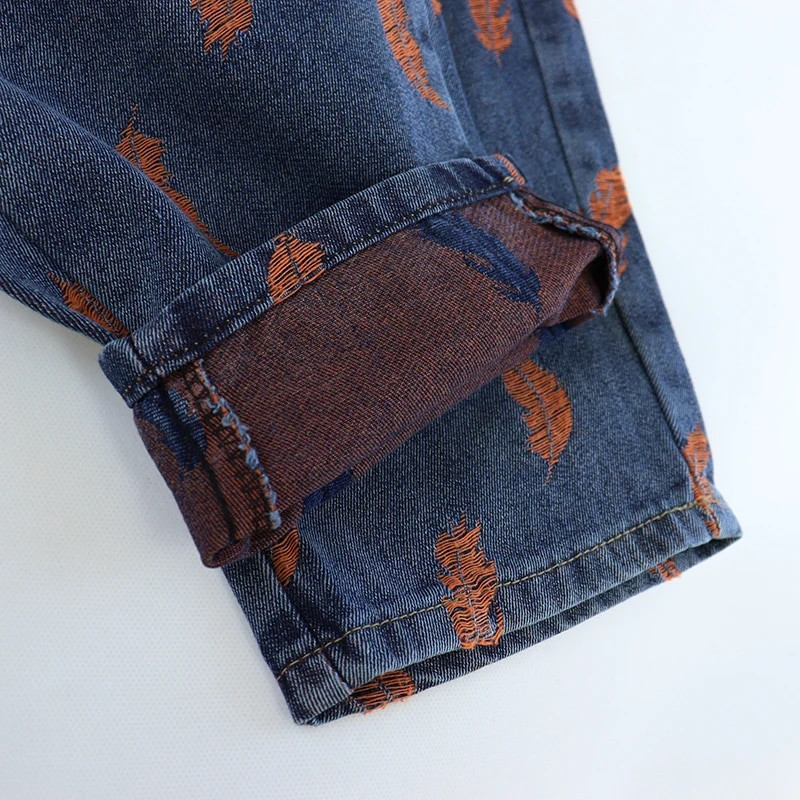 Ανοιξιάτικο γυναικείο τζιν τζιν Vintage μπάλωμα με κέντημα με φτερά Loose ψηλή ελαστική μέση all-match Casual παντελόνι μαμά χαρέμι μπλε