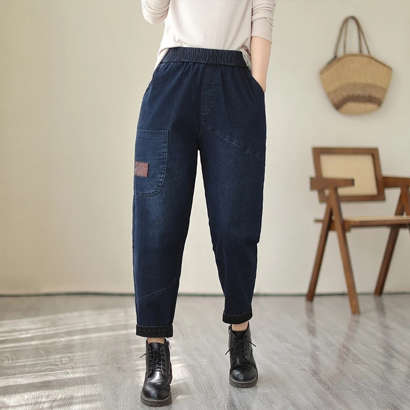 Jarné jesenné módne dámske vintage džínsy, dámske elastické pásové voľné ležérne džínsové nohavice, kontrastné farebné patchworkové háremové nohavice