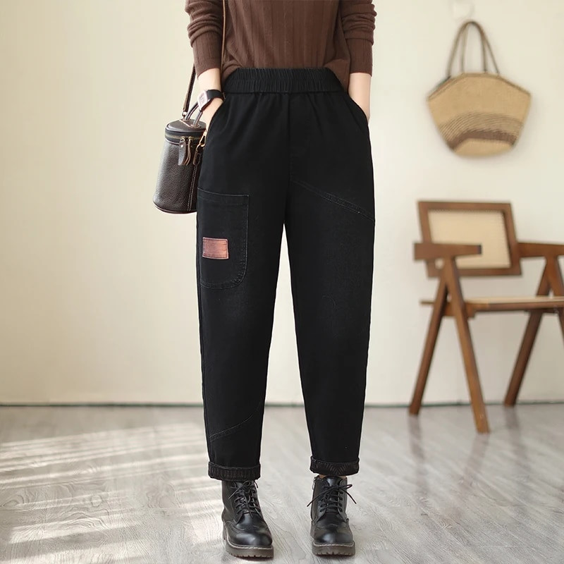 Jarné jesenné módne dámske vintage džínsy, dámske elastické pásové voľné ležérne džínsové nohavice, kontrastné farebné patchworkové háremové nohavice