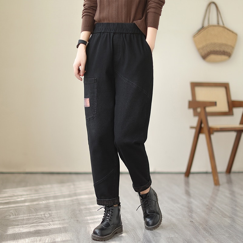 Jarné jesenné módne dámske vintage džínsy, dámske elastické pásové voľné ležérne džínsové nohavice, kontrastné farebné patchworkové háremové nohavice