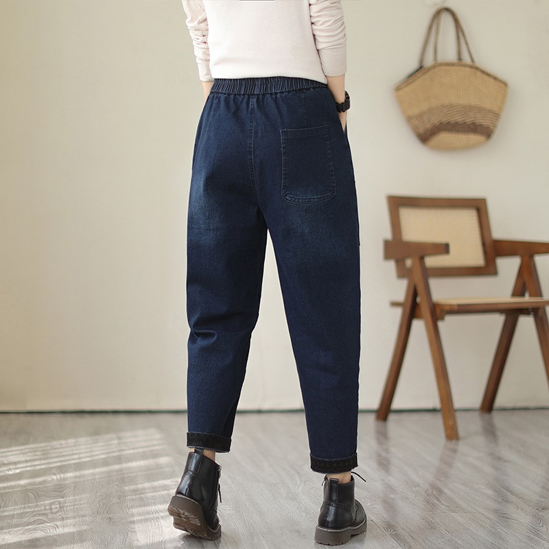 Jarné jesenné módne dámske vintage džínsy, dámske elastické pásové voľné ležérne džínsové nohavice, kontrastné farebné patchworkové háremové nohavice