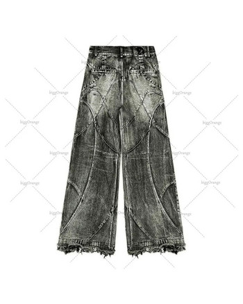 Y2K Destroyed Stitching Jeans Мъжки черни изпрани дънки Готически стил Street Trend Clothing Ретро свободни широки панталони Fall Guys