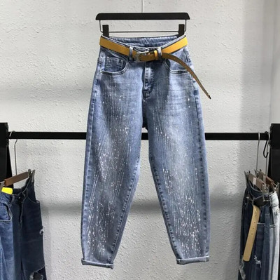 Hot Drilling Harem Jeans Female New Spring High Waist Loose Blue Denim Παντελόνι Γυναικείο Buttoms s101