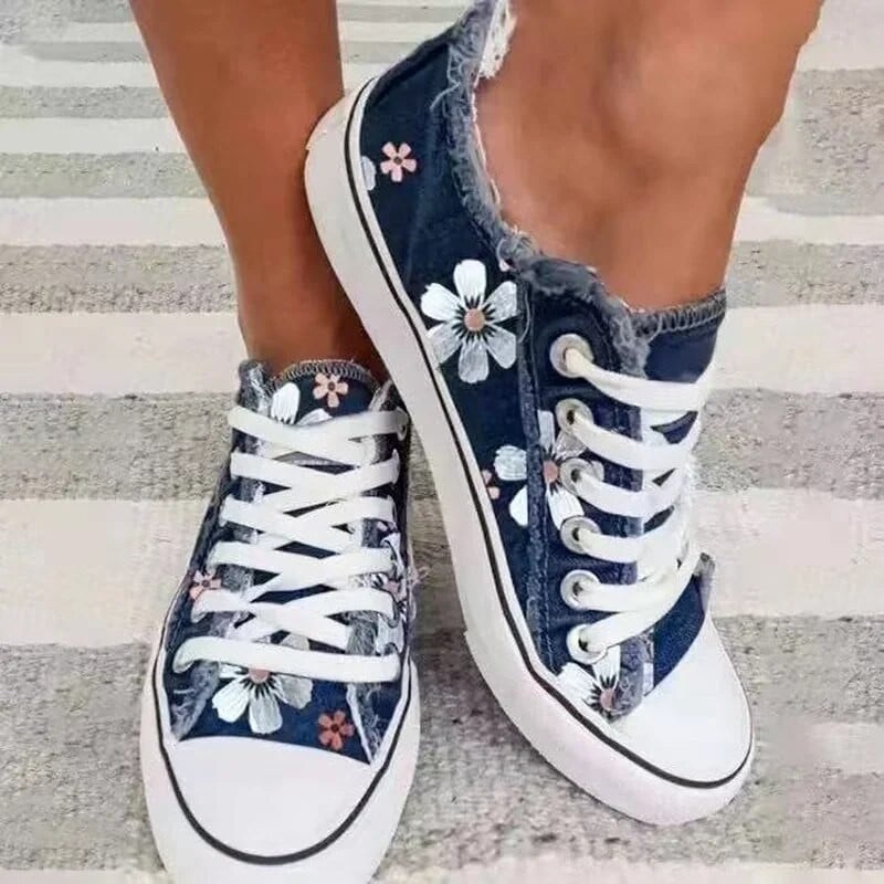 2023. aasta naistekingad naistele pluss retro lilleprintiga lõuendijalatsid Naiste moed Lamedad nööriga tossud vabaajajalatsid Naiste jalanõud