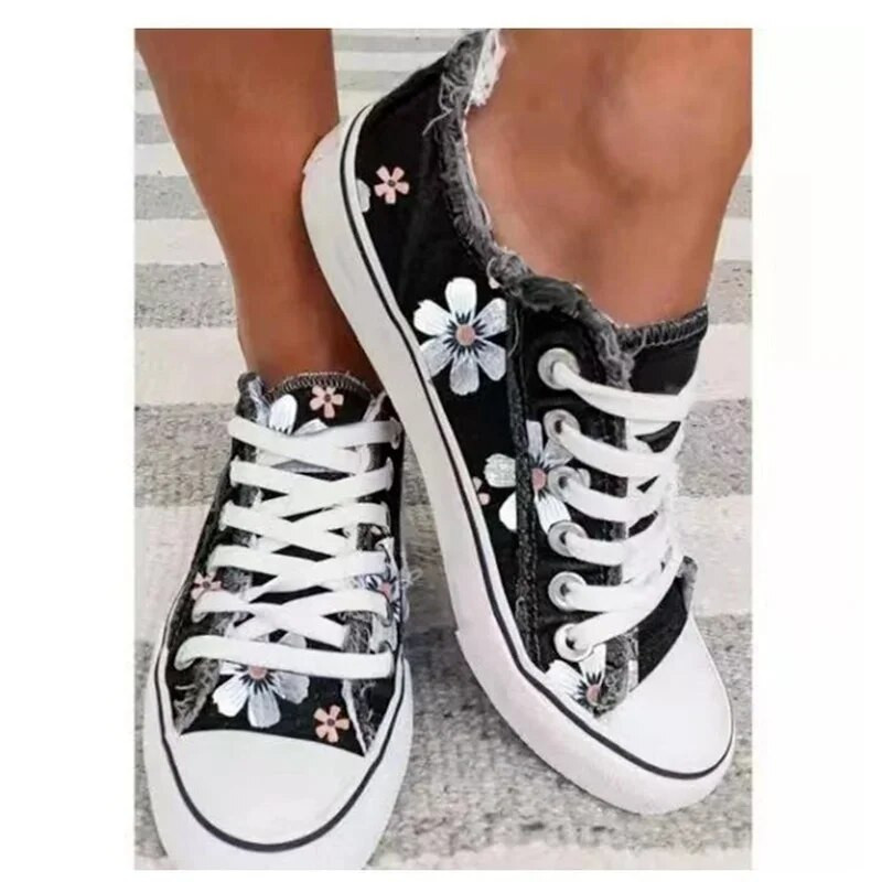 2023. aasta naistekingad naistele pluss retro lilleprintiga lõuendijalatsid Naiste moed Lamedad nööriga tossud vabaajajalatsid Naiste jalanõud