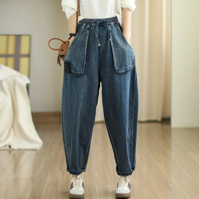 Talie elastică Pantaloni harem din denim pentru femei, cu șnur, cu șireturi, de culoare solidă, versatili, la modă pentru femei, până la gleznă.
