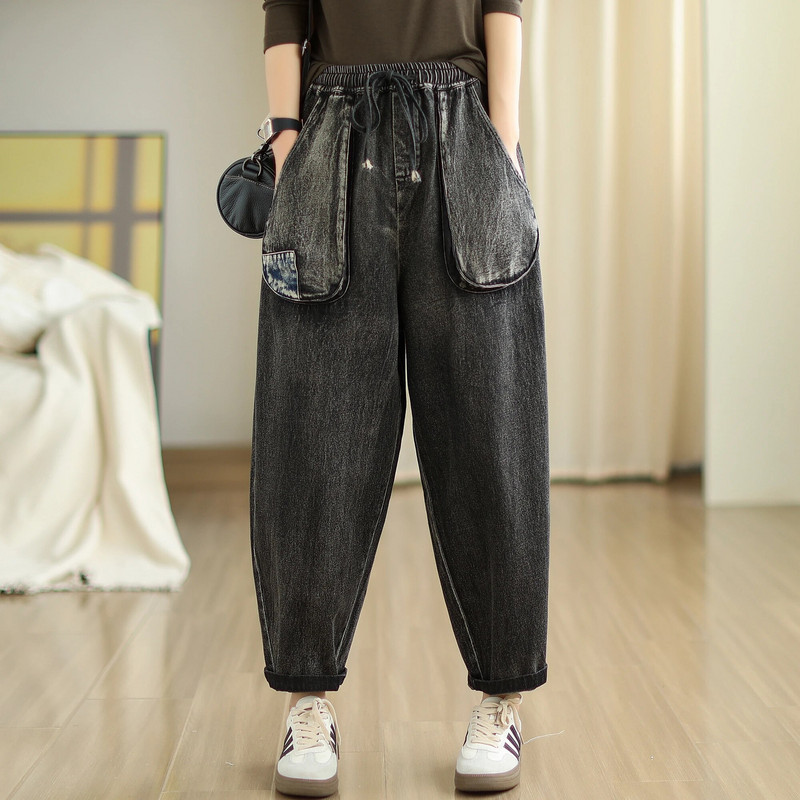 Talie elastică Pantaloni harem din denim pentru femei, cu șnur, cu șireturi, de culoare solidă, versatili, la modă pentru femei, până la gleznă.