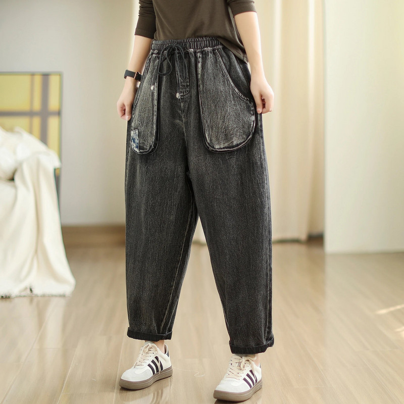 Talie elastică Pantaloni harem din denim pentru femei, cu șnur, cu șireturi, de culoare solidă, versatili, la modă pentru femei, până la gleznă.