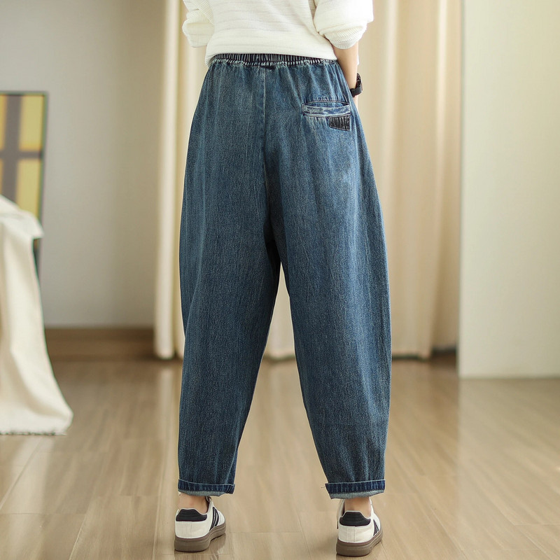 Talie elastică Pantaloni harem din denim pentru femei, cu șnur, cu șireturi, de culoare solidă, versatili, la modă pentru femei, până la gleznă.