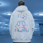 High Street Graffiti Bear Print pentru bărbați fleece hanorac retro toamnă ocazional pulover cu glugă hanorace hip hop Y2K hanorace haine