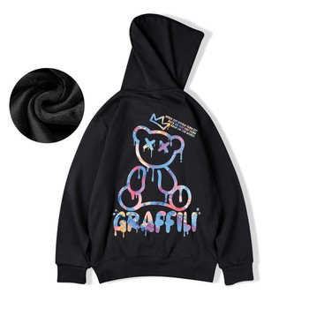 High Street Graffiti Bear Print Ανδρικά φλις κουκούλα ρετρό φθινοπωρινά casual πουλόβερ φούτερ με κουκούλα Hip Hop Y2K Hoodies Ρούχα