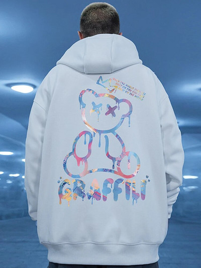 High Street Graffiti Bear Print pentru bărbați fleece hanorac retro toamnă ocazional pulover cu glugă hanorace hip hop Y2K hanorace haine