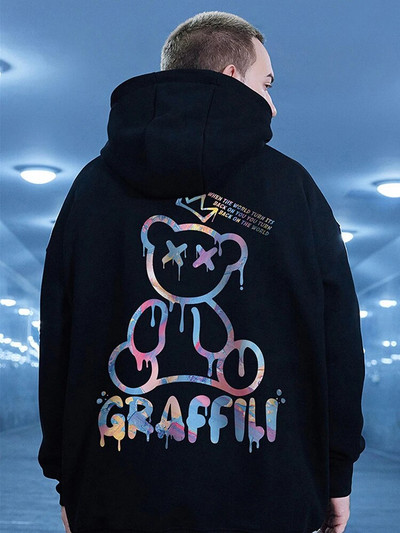 High Street Graffiti Bear Print pentru bărbați fleece hanorac retro toamnă ocazional pulover cu glugă hanorace hip hop Y2K hanorace haine