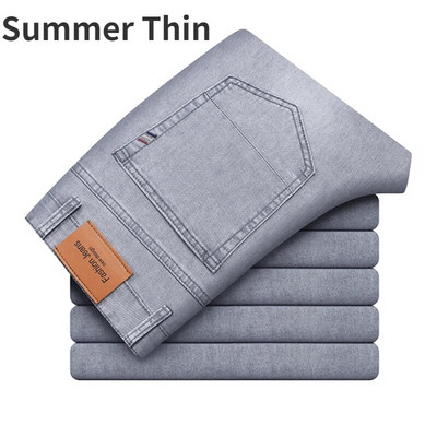 2023 Material subțire sau gros, blugi de birou pentru afaceri, bărbați, clasici, albastru, negru, bumbac, elastic, drepți, pantaloni din denim pantaloni de marcă masculină