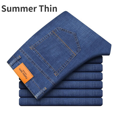 2023 Material subțire sau gros, blugi de birou pentru afaceri, bărbați, clasici, albastru, negru, bumbac, elastic, drepți, pantaloni din denim pantaloni de marcă masculină