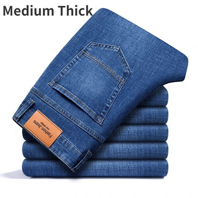 2023 Material subțire sau gros, blugi de birou pentru afaceri, bărbați, clasici, albastru, negru, bumbac, elastic, drepți, pantaloni din denim pantaloni de marcă masculină