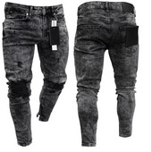Blugi biker pentru bărbați, învechiți, elastici, rupti, biker, pentru bărbați, hip hop, slim fit, găuri, blugi punk, cu fermoar, pantaloni din denim de culoare pură
