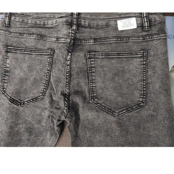 Biker Jeans Мъжки разтегнати разтегнати скъсани Biker Jeans Мъжки хип-хоп Slim Fit Holes Punk Jeans Zipper Pure Color Denim Pants