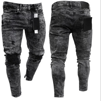 Biker Jeans Мъжки разтегнати разтегнати скъсани Biker Jeans Мъжки хип-хоп Slim Fit Holes Punk Jeans Zipper Pure Color Denim Pants