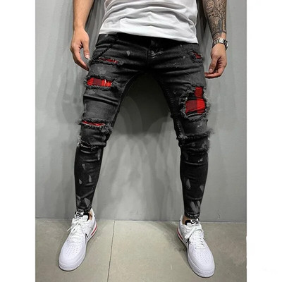 Blugi biker pentru bărbați, învechiți, elastici, rupti, biker, pentru bărbați, hip hop, slim fit, găuri, blugi punk, cu fermoar, pantaloni din denim de culoare pură