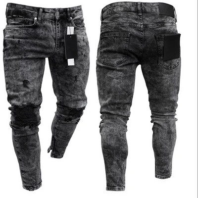 Blugi biker pentru bărbați, învechiți, elastici, rupti, biker, pentru bărbați, hip hop, slim fit, găuri, blugi punk, cu fermoar, pantaloni din denim de culoare pură