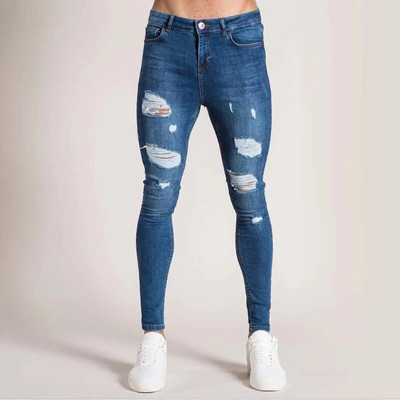 Blugi biker pentru bărbați, învechiți, elastici, rupti, biker, pentru bărbați, hip hop, slim fit, găuri, blugi punk, cu fermoar, pantaloni din denim de culoare pură