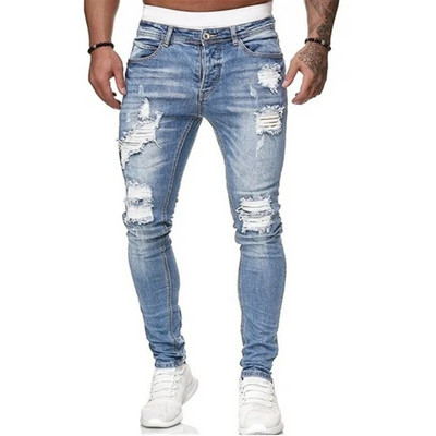 Blugi biker pentru bărbați, învechiți, elastici, rupti, biker, pentru bărbați, hip hop, slim fit, găuri, blugi punk, cu fermoar, pantaloni din denim de culoare pură